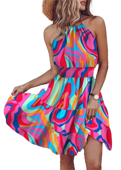 Colorful halter mini dress for women with a vibrant abstract design and tiered skirt