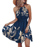 Navy halter mini dress for women with floral print and a flattering smocked waist