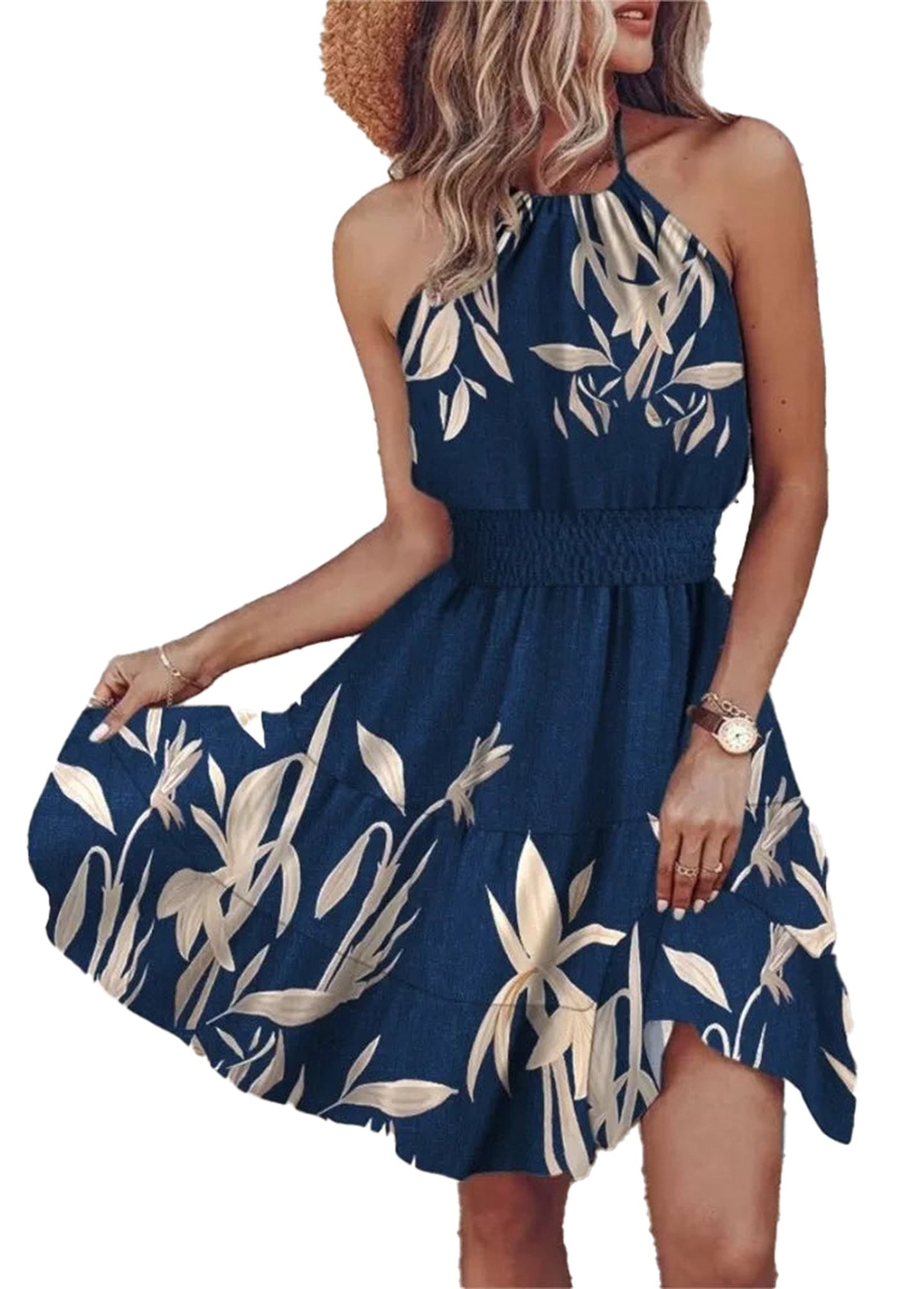 LuckeLadybug LLC Halter Mini Dress for Women with Floral Pattern in Navy Blue