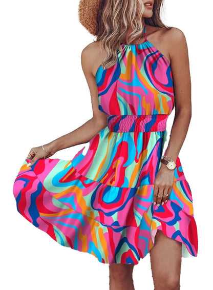 Colorful Halter Mini Dress for Women with Vibrant Abstract Patterns and Flowy Skirt