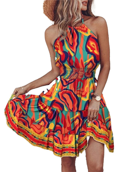 Colorful halter mini dress for women with ruffled hem and vibrant patterns from LuckeLadybug LLC