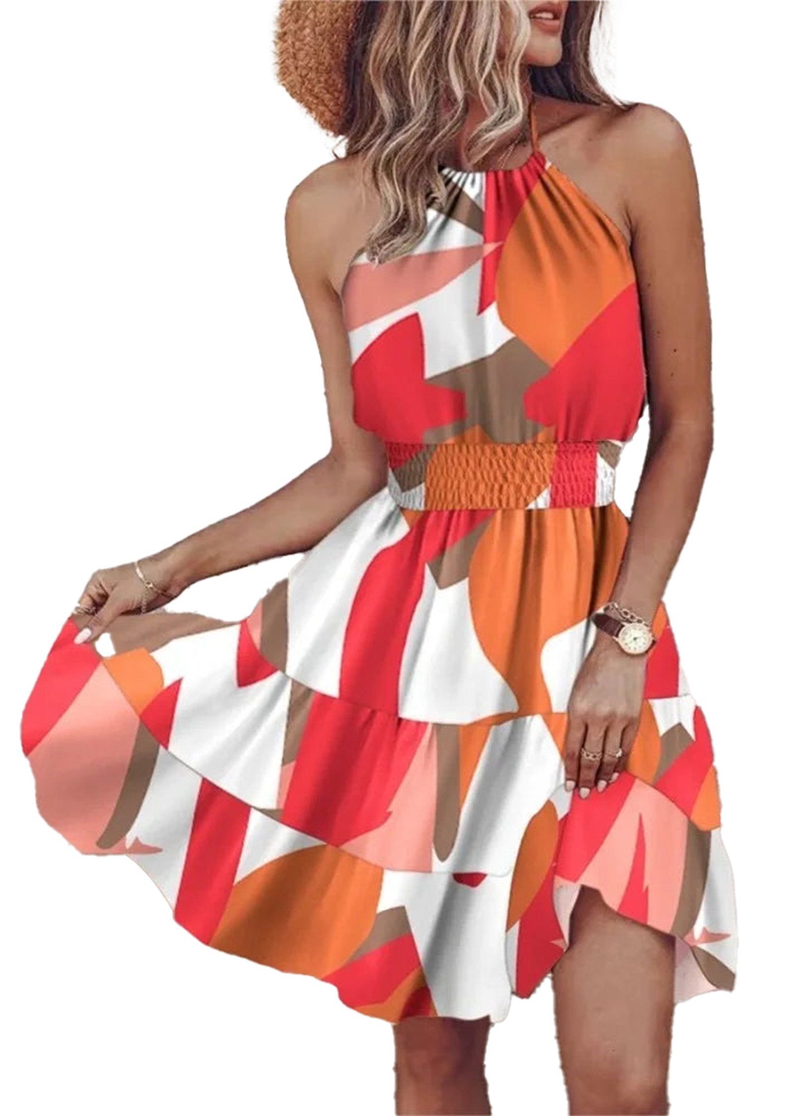 Colorful halter mini dress for women with ruffled hem and vibrant patterns for summer outings