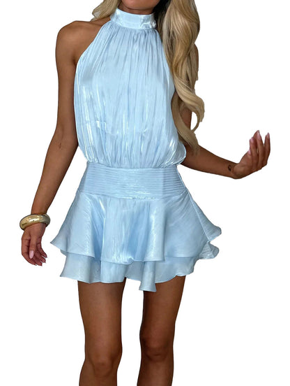 Light blue halter ruffle mini dress with a flowy skirt and fitted bodice from LuckeLadybug LLC