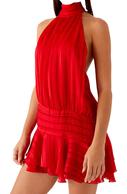 Stylish red halter ruffle mini dress from LuckeLadybug LLC featuring a flared hem and pleated design