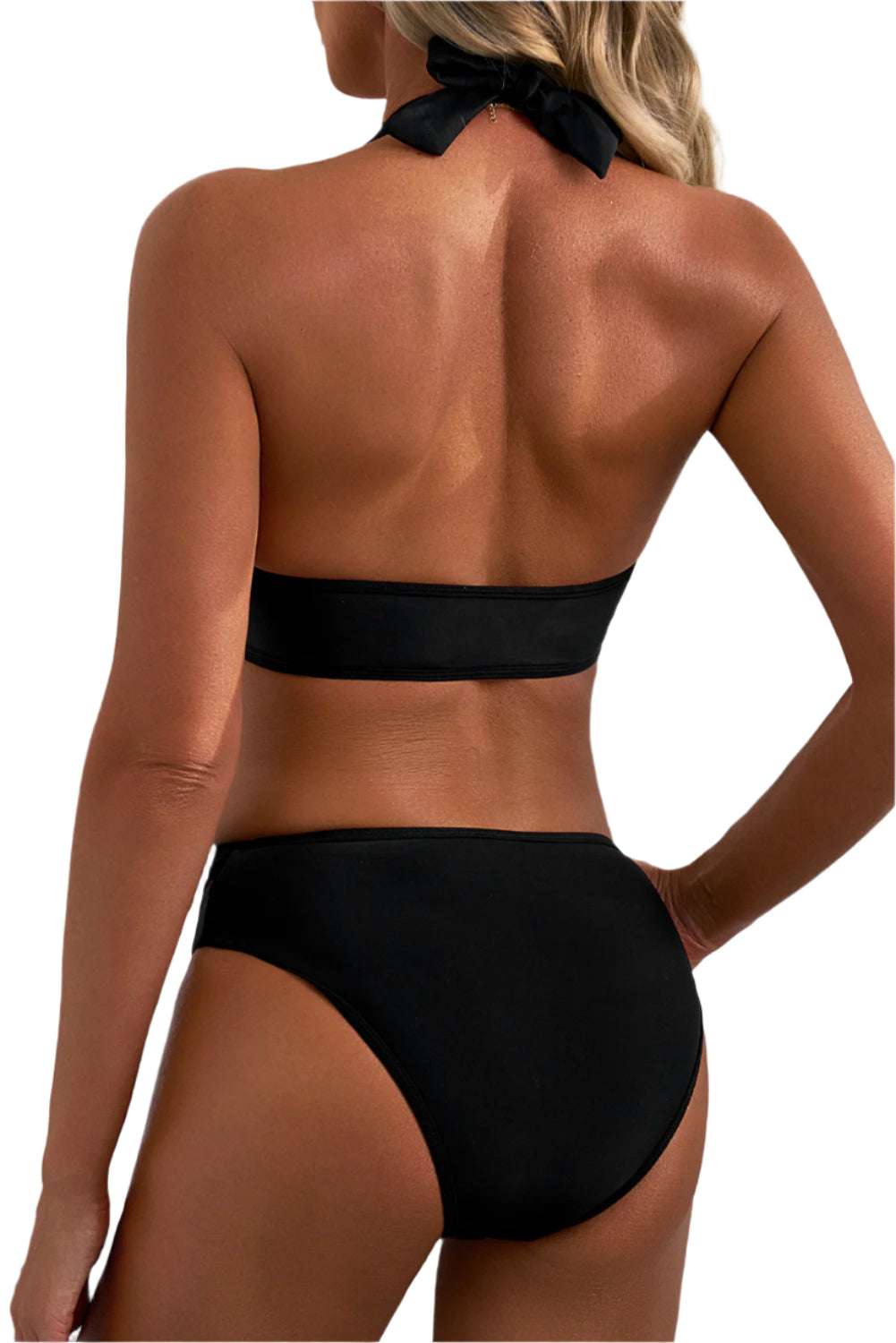 Back view of a woman wearing a black halter v neck push up bikini by LuckeLadybug LLC