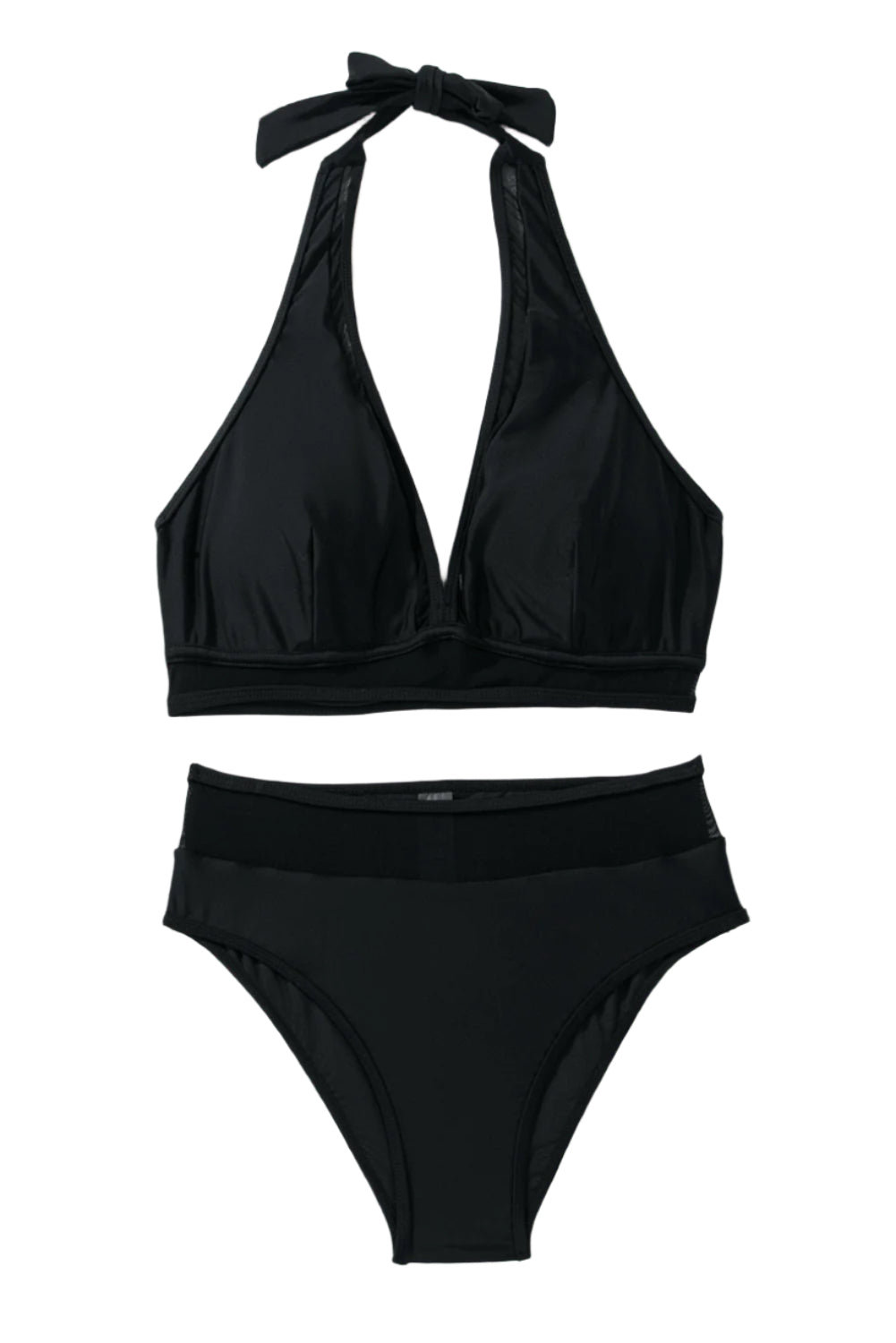 LuckeLadybug LLC black halter v neck push up bikini with adjustable tie neck and matching high waist bottoms