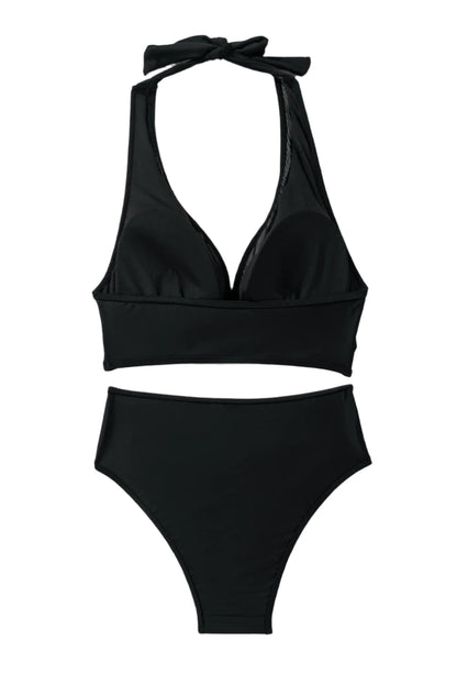 LuckeLadybug LLC black halter v neck push up bikini with high-waisted bottoms