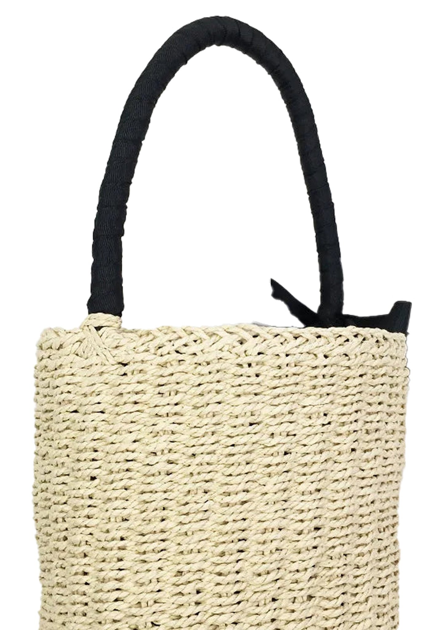 Handmade straw beach bag for women with sturdy black handles and natural woven texture