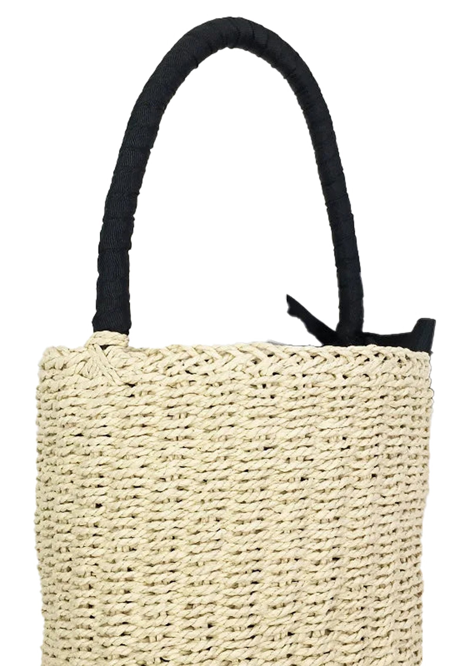 Handmade straw beach bag for women with sturdy black handles and natural woven texture
