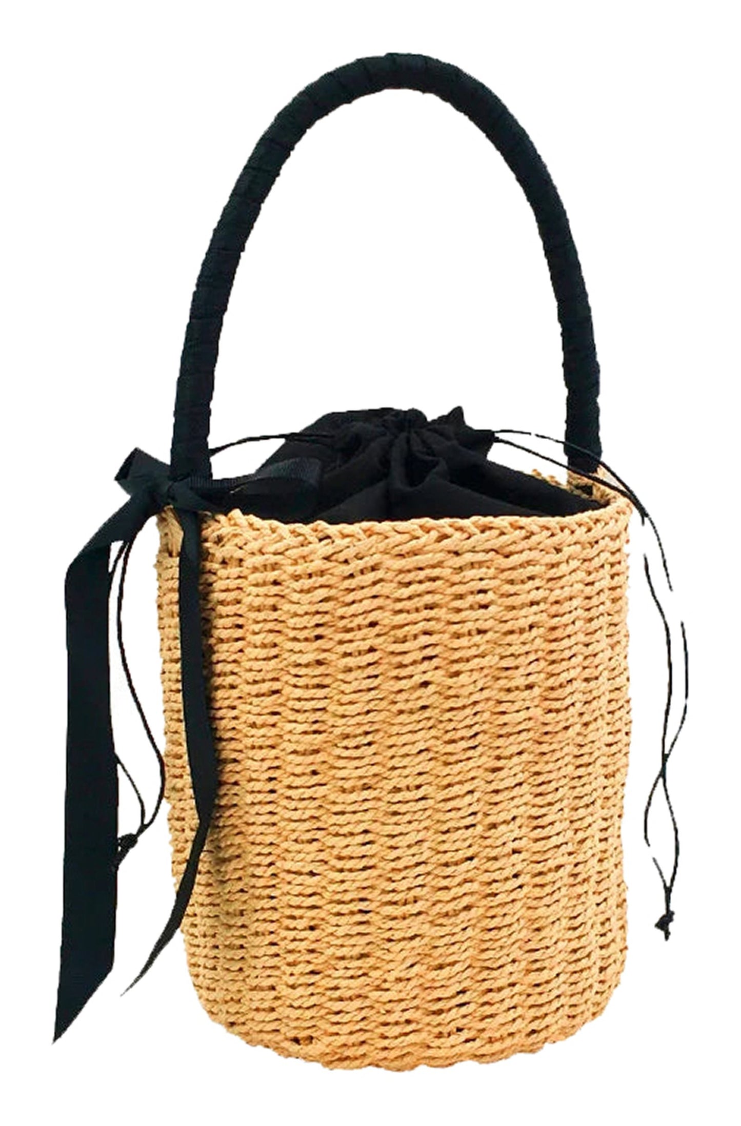 Handmade straw beach bag for women with a black drawstring closure and handle for summer outings