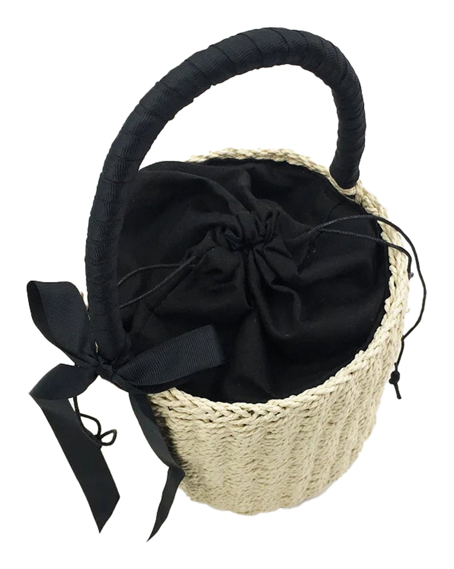 LuckeLadybug LLC handmade straw beach bag for women with black drawstring and elegant handle