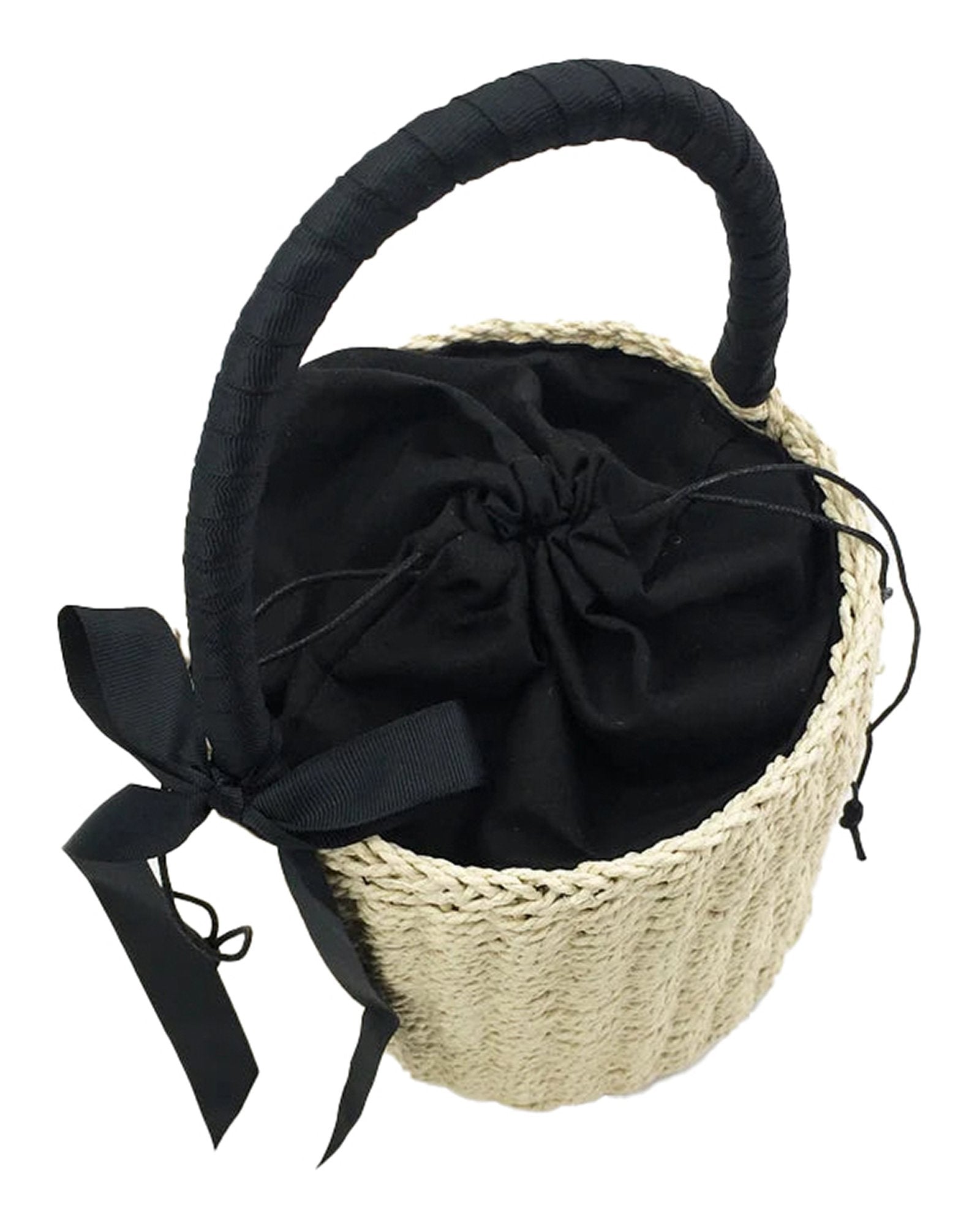 LuckeLadybug LLC handmade straw beach bag for women with black drawstring and elegant handle