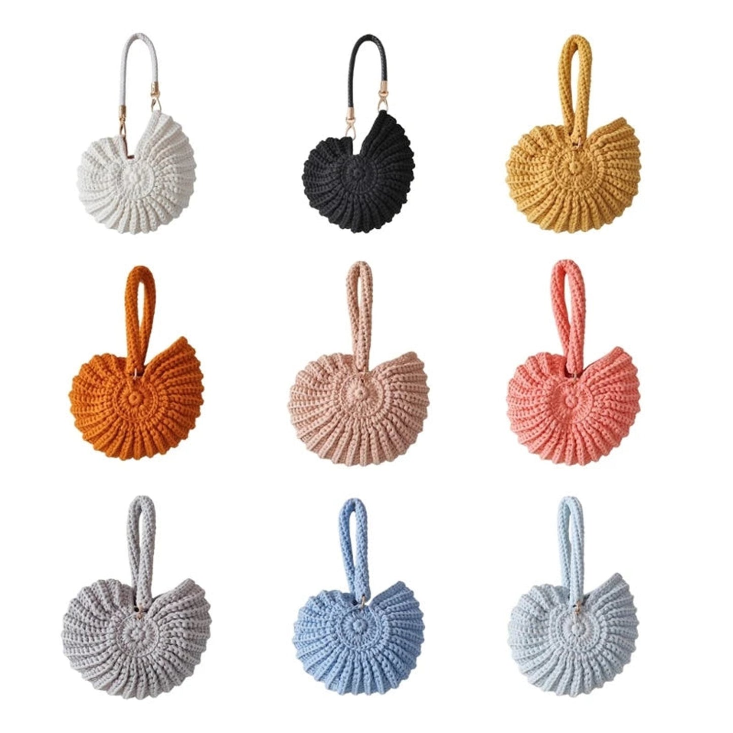 Assorted handwoven seashell clutch bags in various colors for stylish accessory lovers