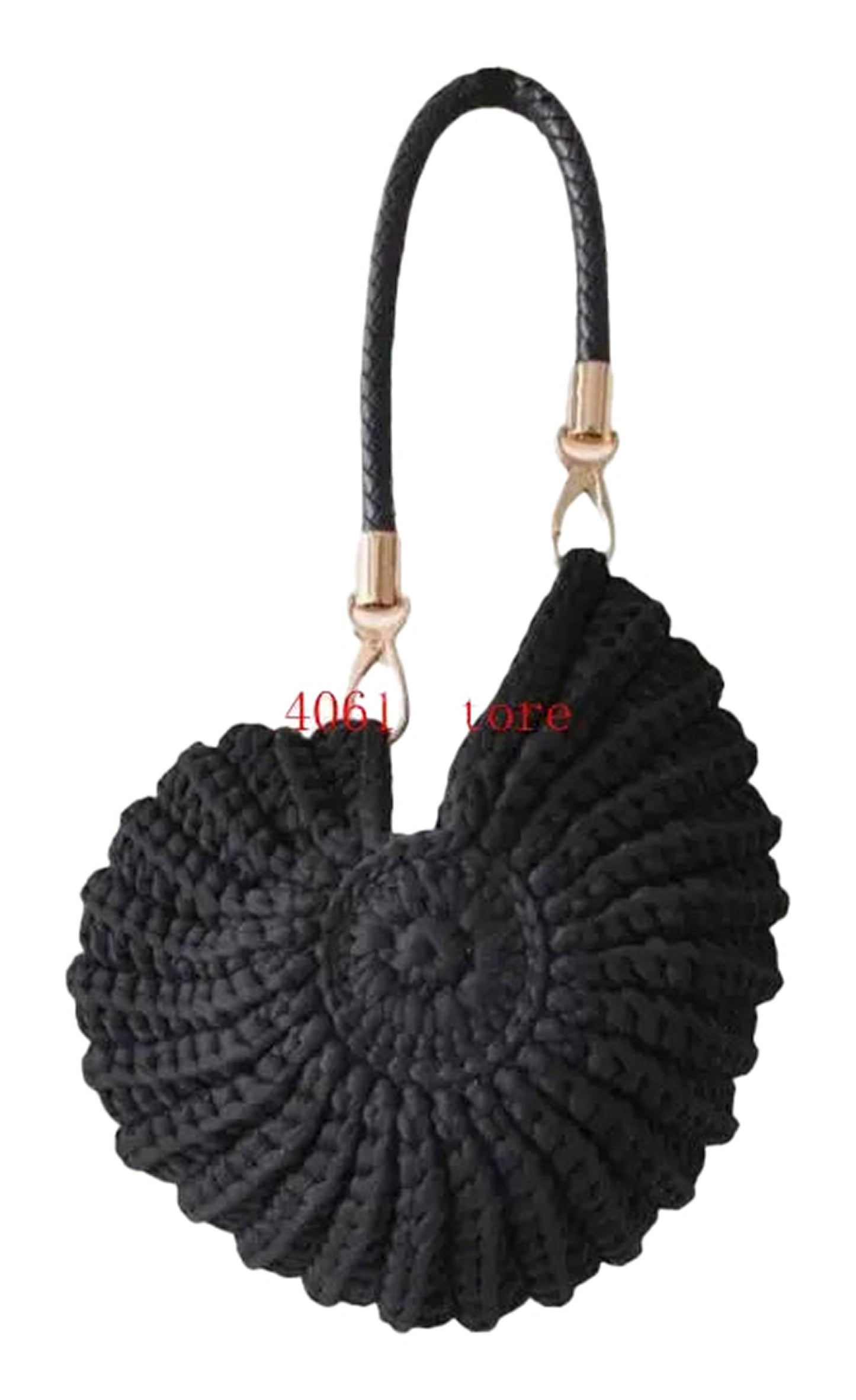 Handwoven seashell clutch bag in black with a stylish braided handle for chic outings