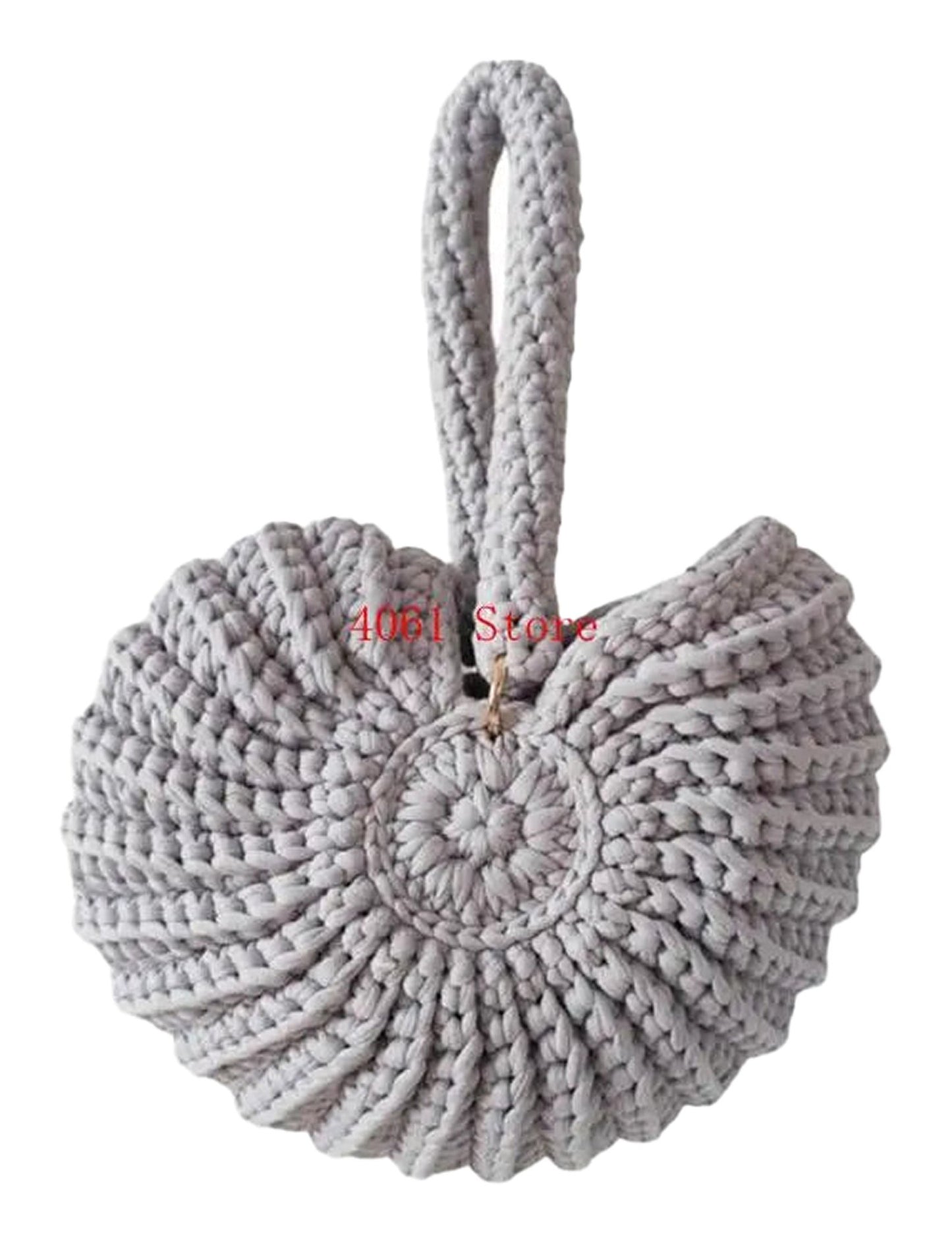 Handwoven seashell clutch bag in light gray with a unique knitted texture and a stylish handle