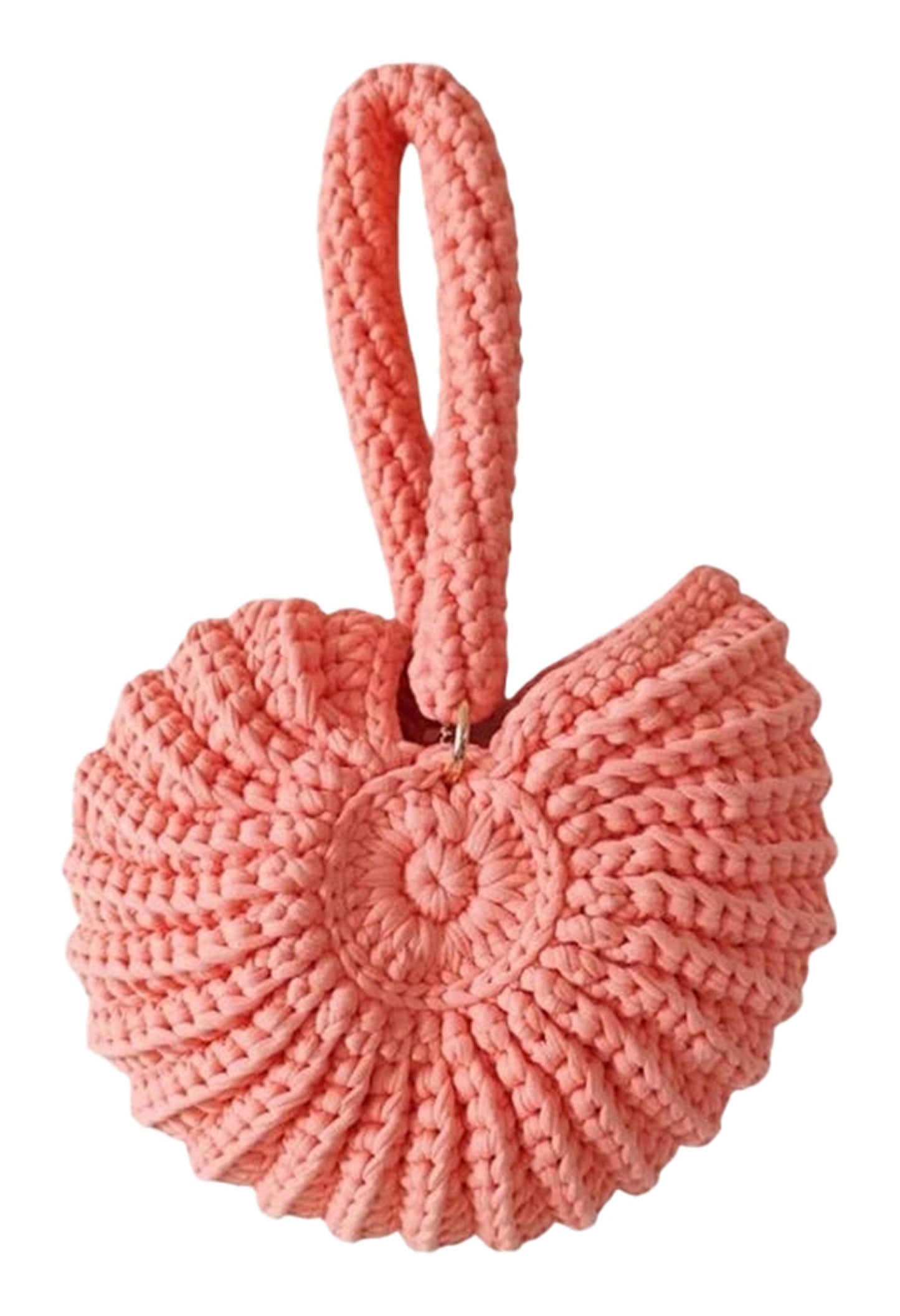 Handwoven seashell clutch bag in soft pink with a unique textured design and a comfortable handle