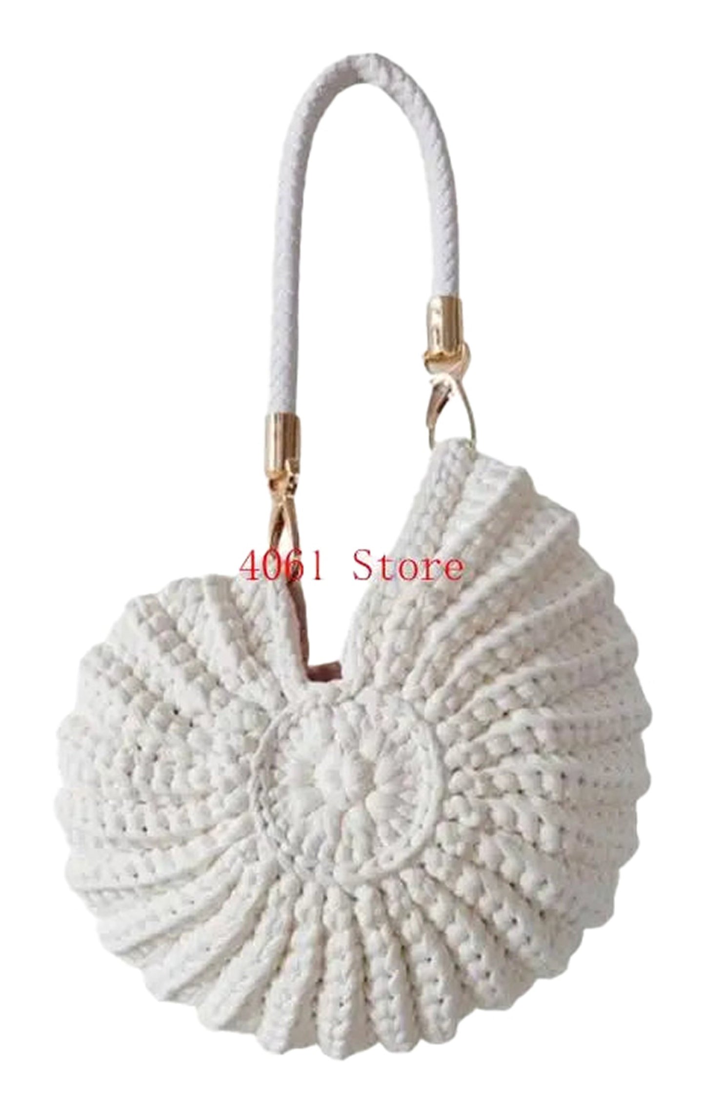 Handwoven seashell clutch bag in white with a unique spiral design and shoulder strap