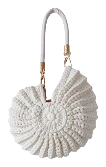 Handwoven seashell clutch bag with a unique spiral design, perfect for beach outings and summer events