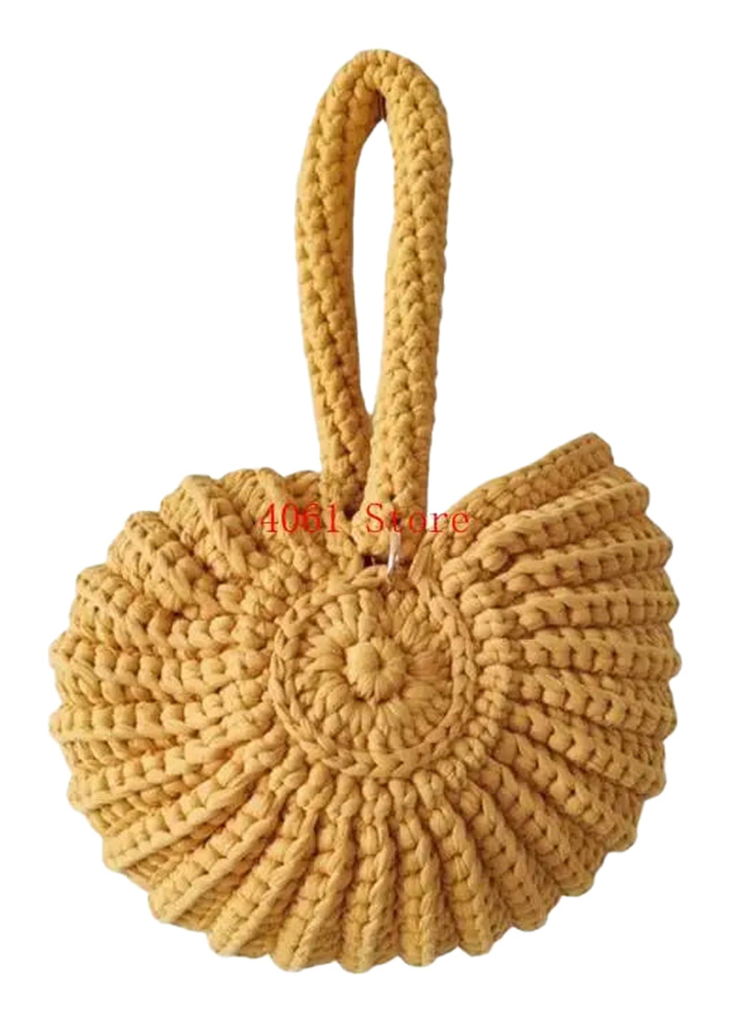 Handwoven seashell clutch bag in yellow with a unique spiral design and sturdy handle