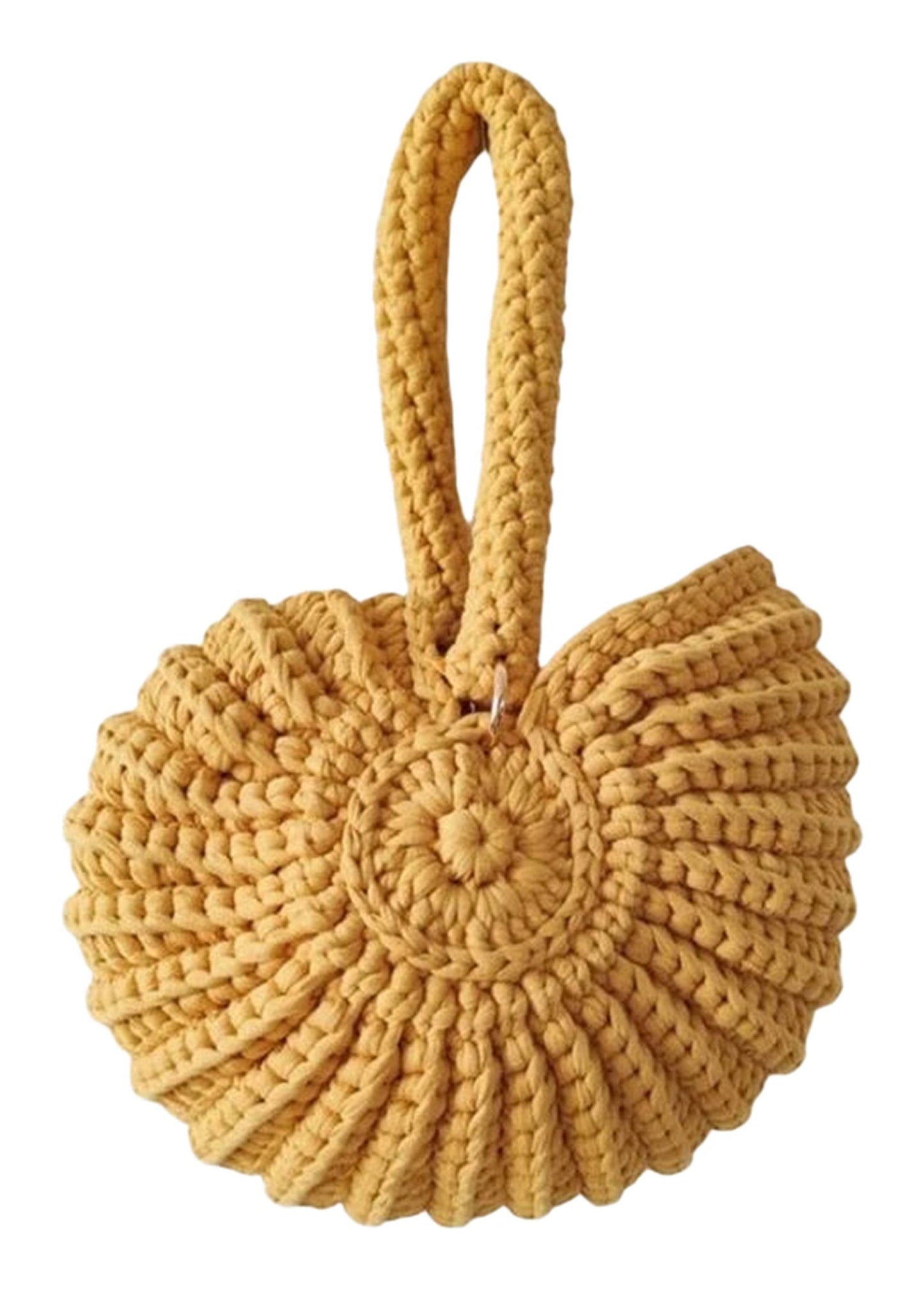 Handwoven seashell clutch bag in yellow with a unique spiral design and sturdy handle