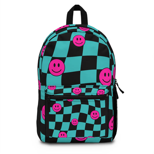 LuckeLadybug happy face checkered backpack featuring a vibrant teal and pink design with smiley faces