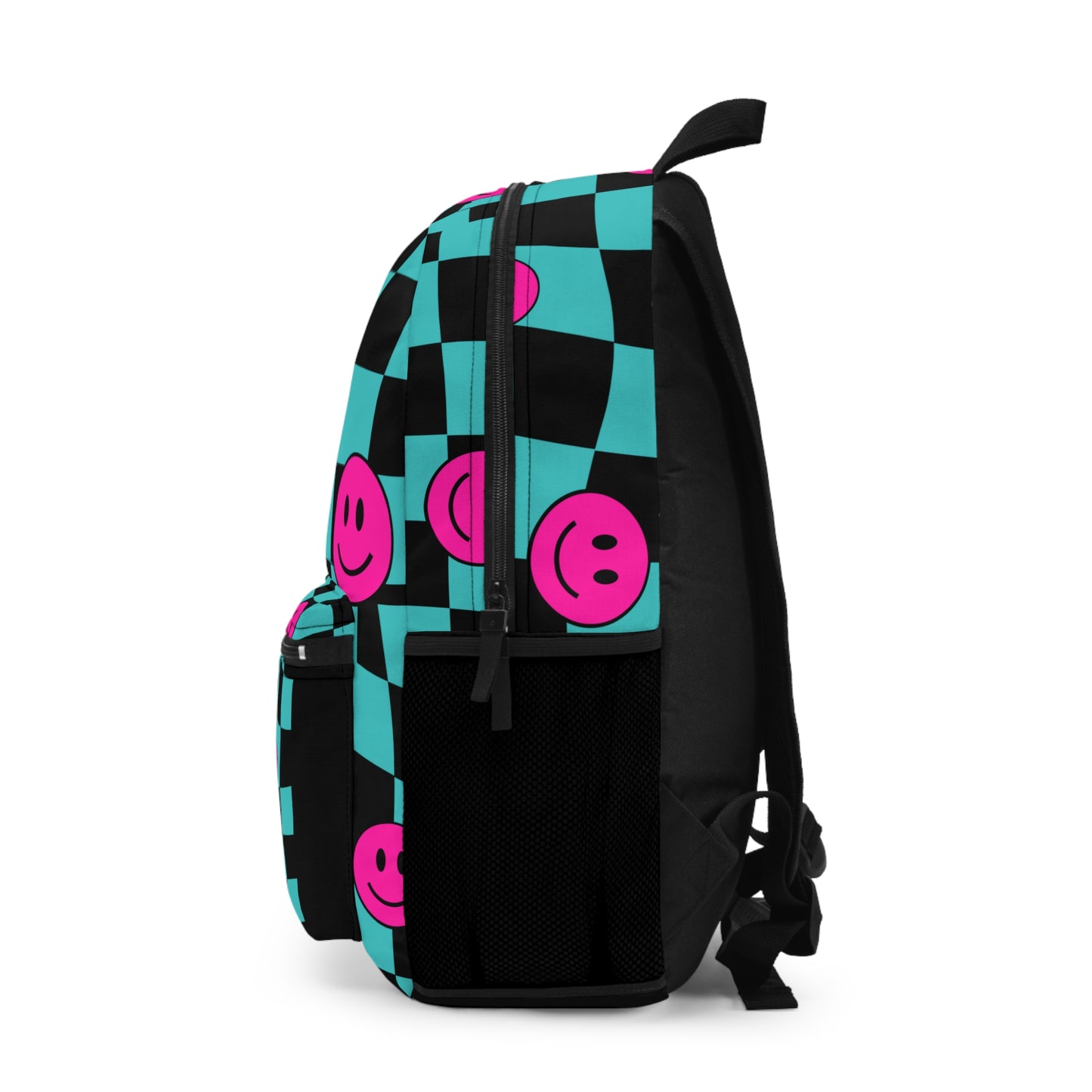 LuckeLadybug happy face checkered backpack in turquoise and black with smiling face designs