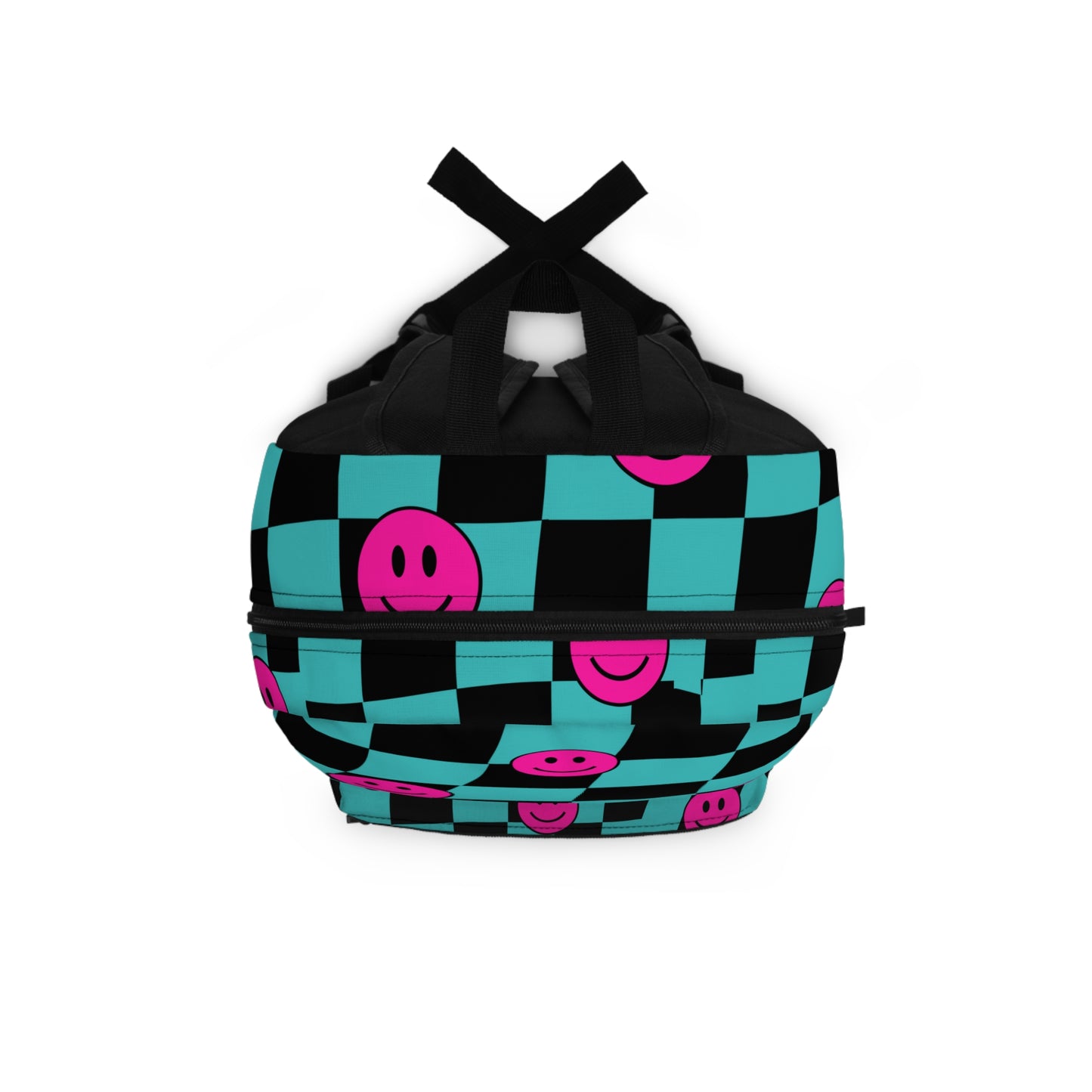 LuckeLadybug happy face checkered backpack featuring bright colors and playful smiley faces