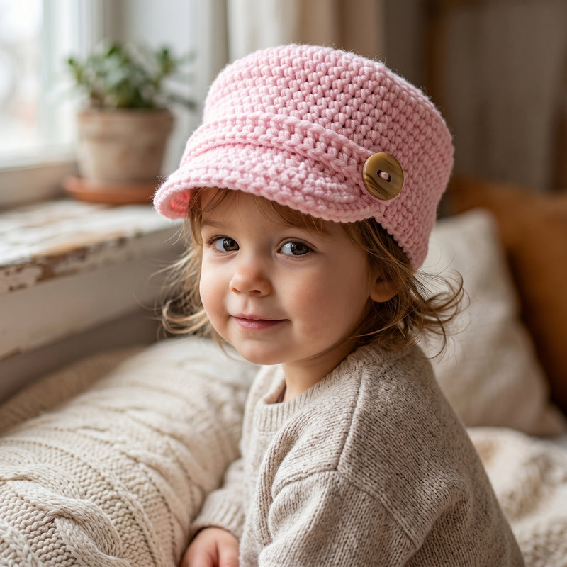 Adorable pink hat handmade for kids, featuring a button detail and perfect for cozy outings
