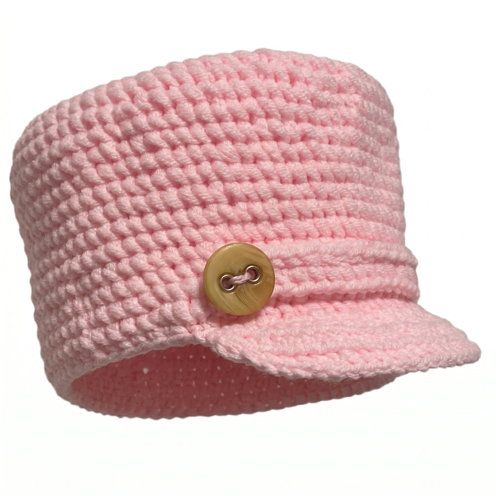 Pink handmade hat with a stylish button on the front, perfect for fashion-forward looks