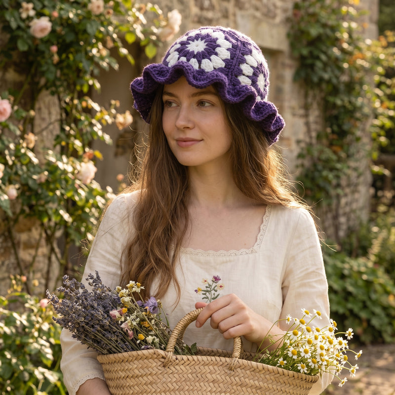 Handmade crochet ruffle hat women's with a floral design, perfect for sunny days outdoors