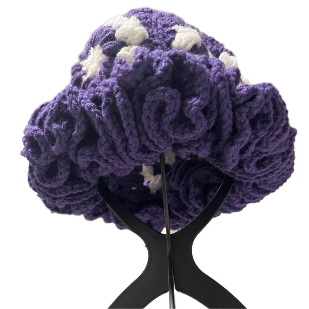 Purple Ruffle Hat for Women by ThreadsByHannah with a Unique Flower Design
