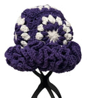 Purple and white knitted ruffle hat women's with a stylish crochet design by ThreadsByHannah