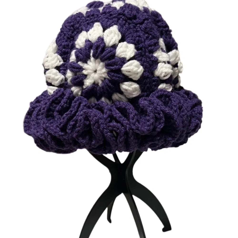 Purple and white crochet hat women's with a stylish ruffle design for a trendy look