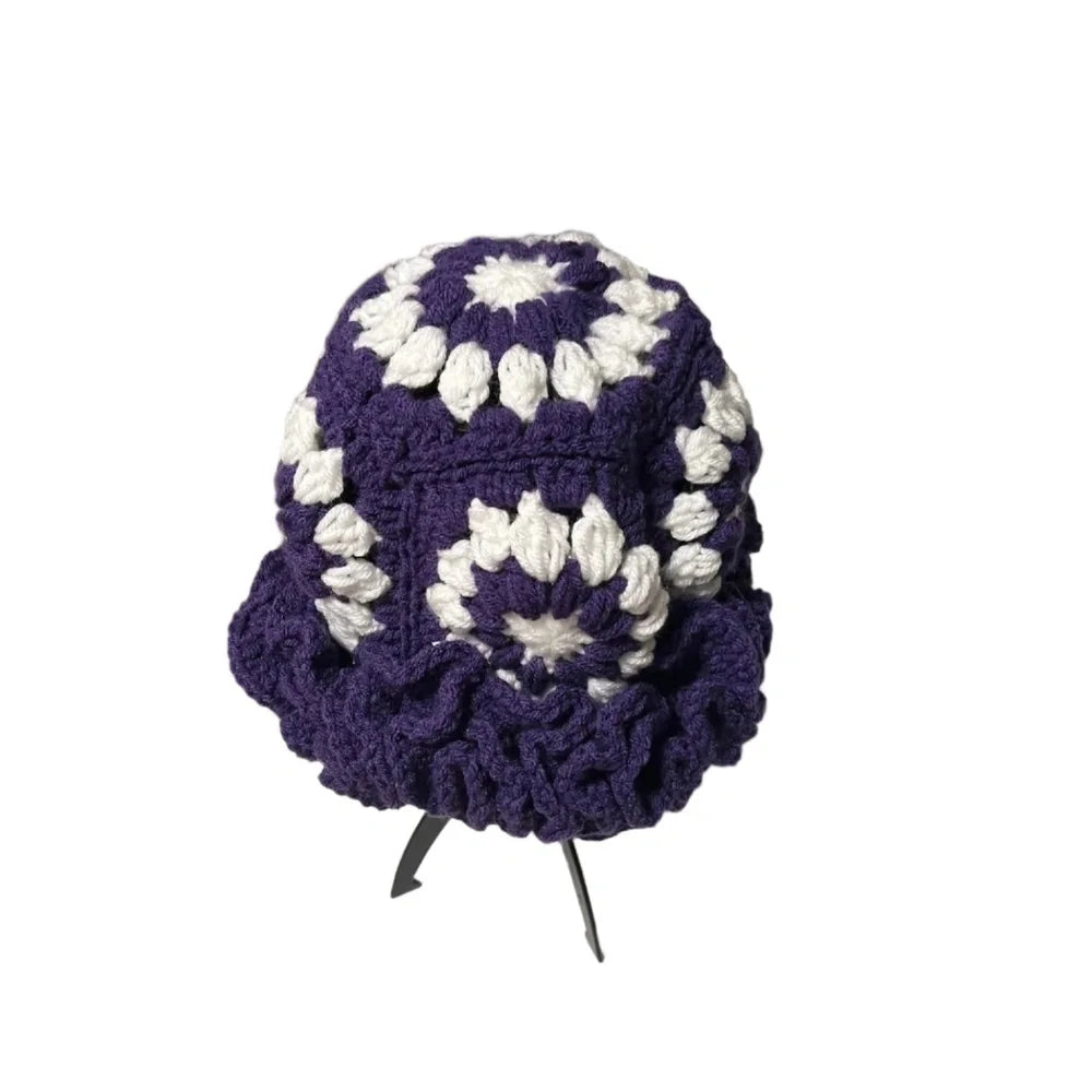 Purple and white ruffle hat women's with a stylish granny square design by ThreadsByHannah