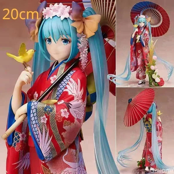Hatsune and Miku figurine in a colorful kimono holding a parasol, measuring 20cm tall