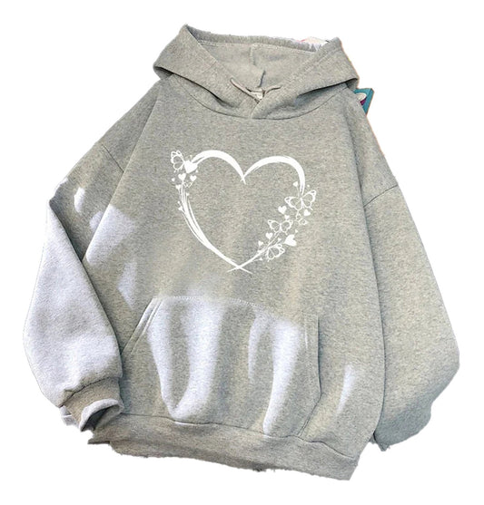 Gray heart print hoodie for women with floral design and a cozy fit for casual wear