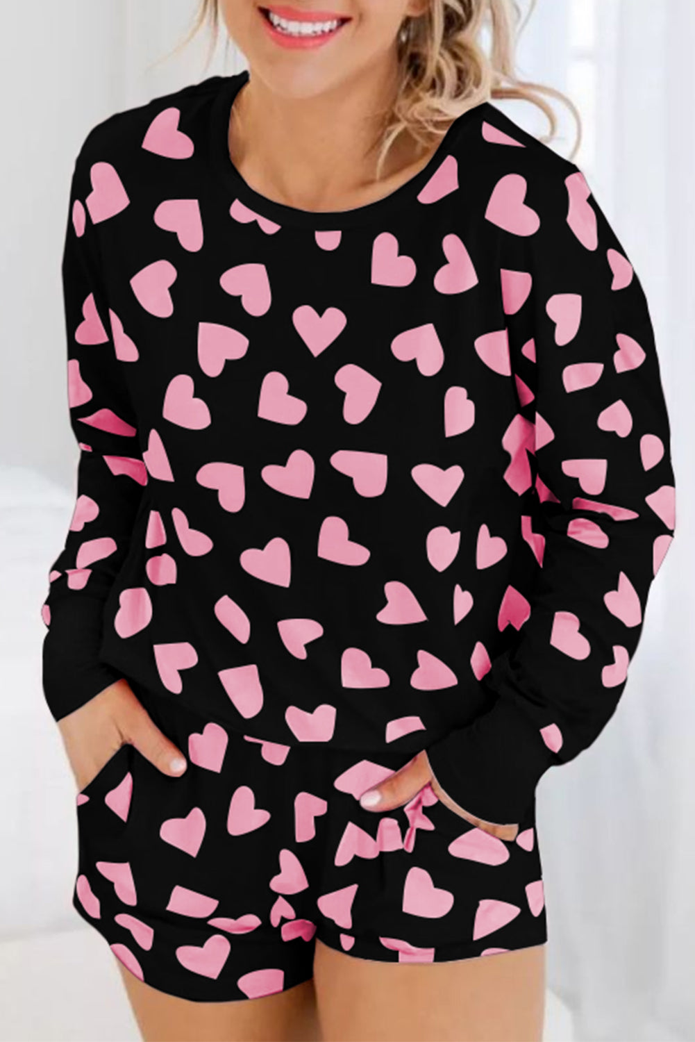 LuckeLadybug LLC Black Shorts with Pink Heart to Print Pattern for Comfortable Casual Wear