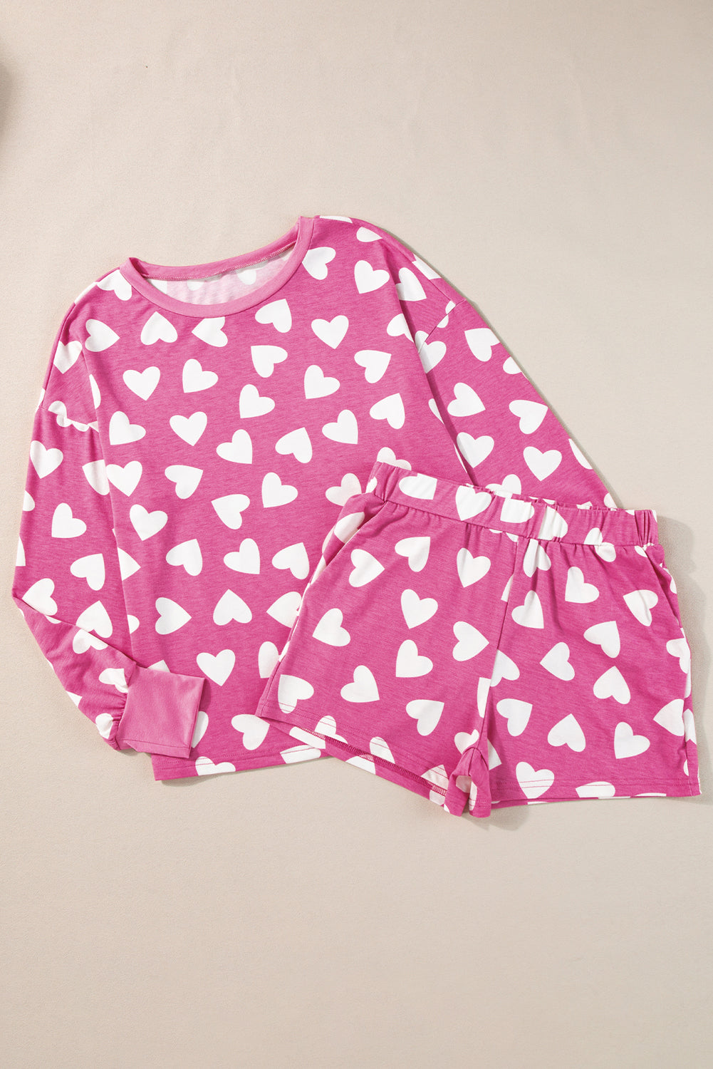 LuckeLadybug LLC Pink Heart to Print Shorts Set with Long Sleeve Top and White Heart Pattern