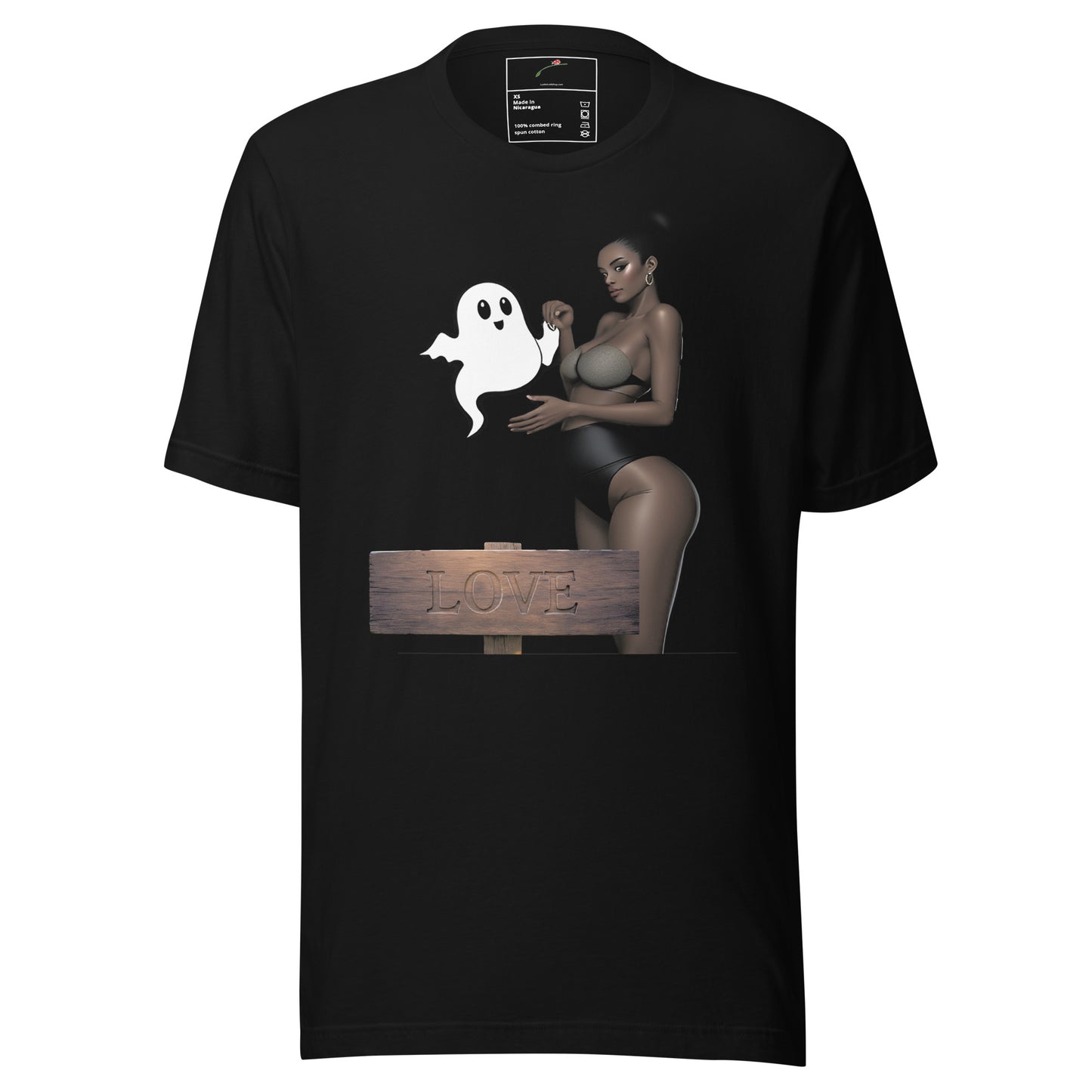 Black heartfelt connection t shirt with a ghost and woman holding hands above a wooden love sign