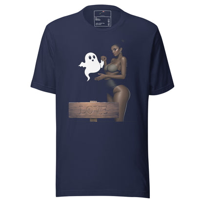 Navy heartfelt connection t shirt featuring woman with ghost and wooden love sign graphic