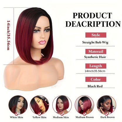 Heat resistant synthetic wig in a straight bob style with black and red ombre coloring, 14 inches long