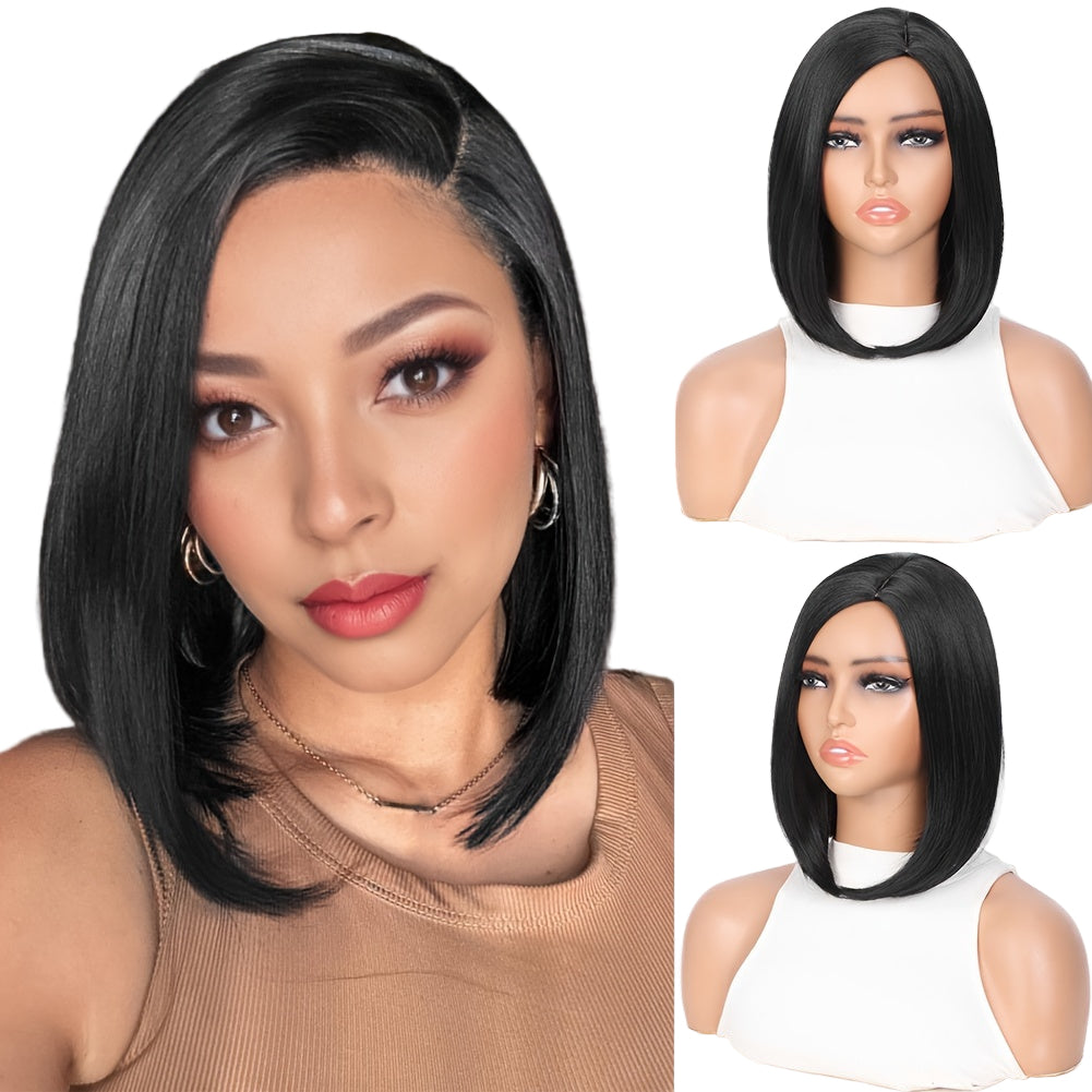 Sleek black bob hairstyle featuring a heat resistant synthetic wig for versatile styling options