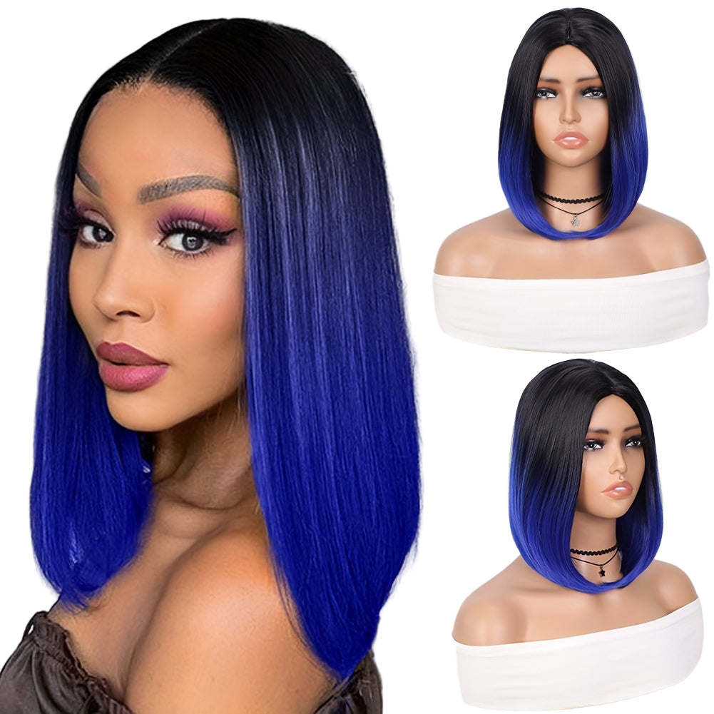 LuckeLadybug LLC heat resistant synthetic wig with a sleek bob design in vibrant blue ombre