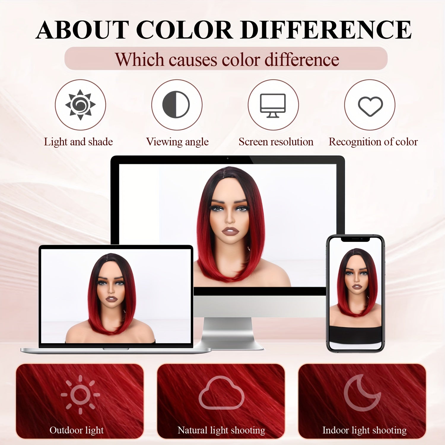 Heat resistant synthetic wig displayed on multiple devices, showcasing color differences in various lighting