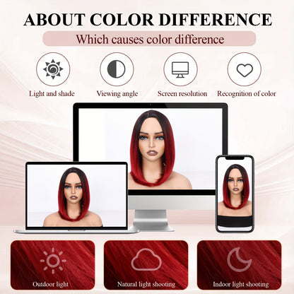 Heat resistant synthetic wig displayed on multiple devices, showcasing color differences in various lighting
