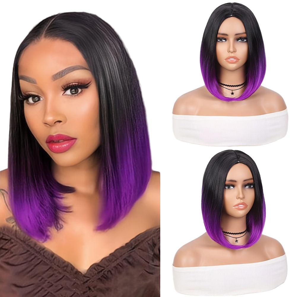 LuckeLadybug heat resistant synthetic wig in black and purple ombre style with sleek bob cut