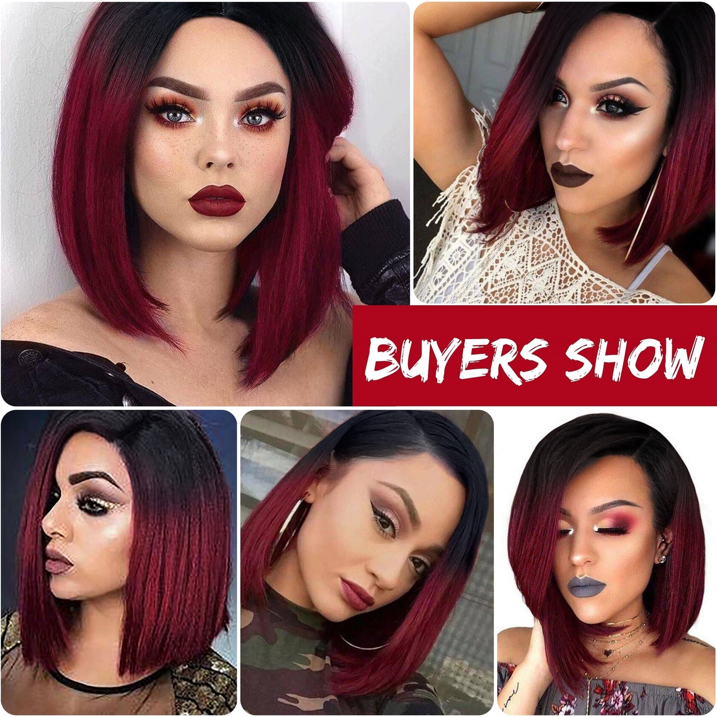 Heat resistant synthetic wig in burgundy bob style showcased by various models wearing different makeup looks