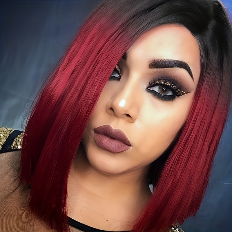 Stylish red ombre heat resistant synthetic wig with sleek bob cut for trendy looks