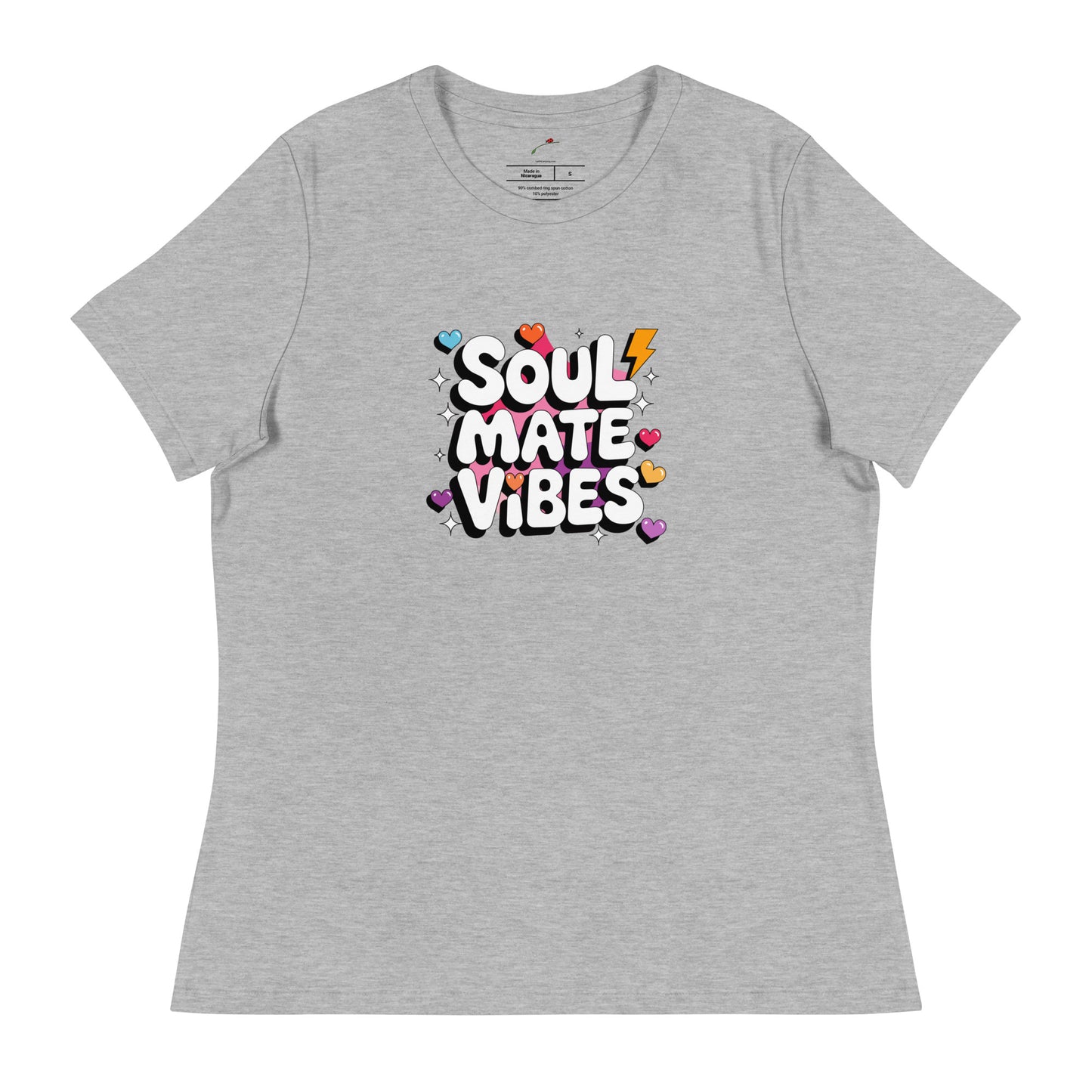 Printful gray t-shirt with colorful soul mate vibes t-shirt graphic and heart accents
