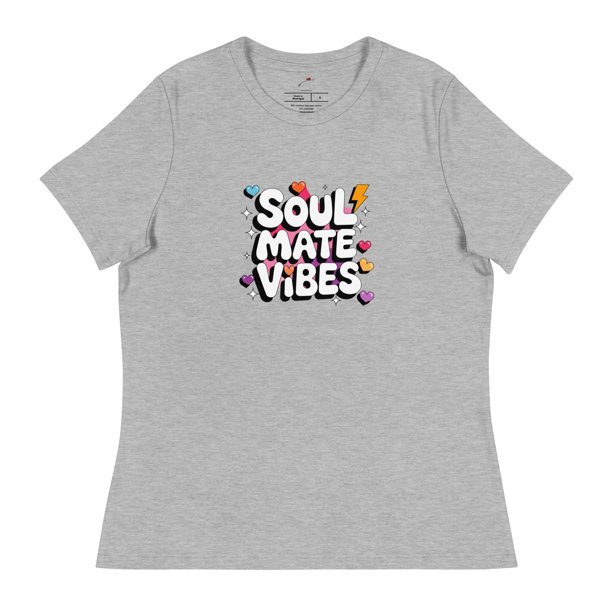 Printful gray t-shirt with colorful soul mate vibes t-shirt graphic and heart accents